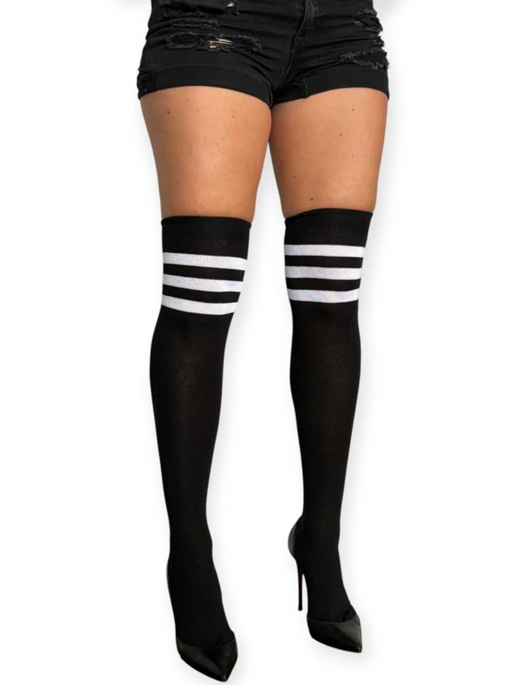 Black and White Striped Cotton Over the Knee Socks